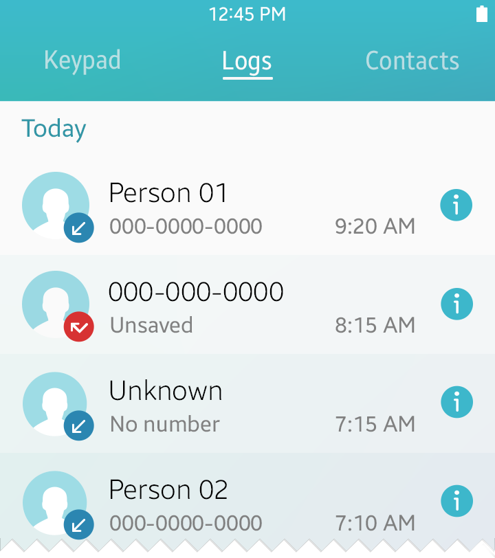 Call log icons categorize received, missed, and outgoing calls