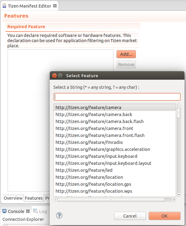 Editing the feature element in the manifest editor