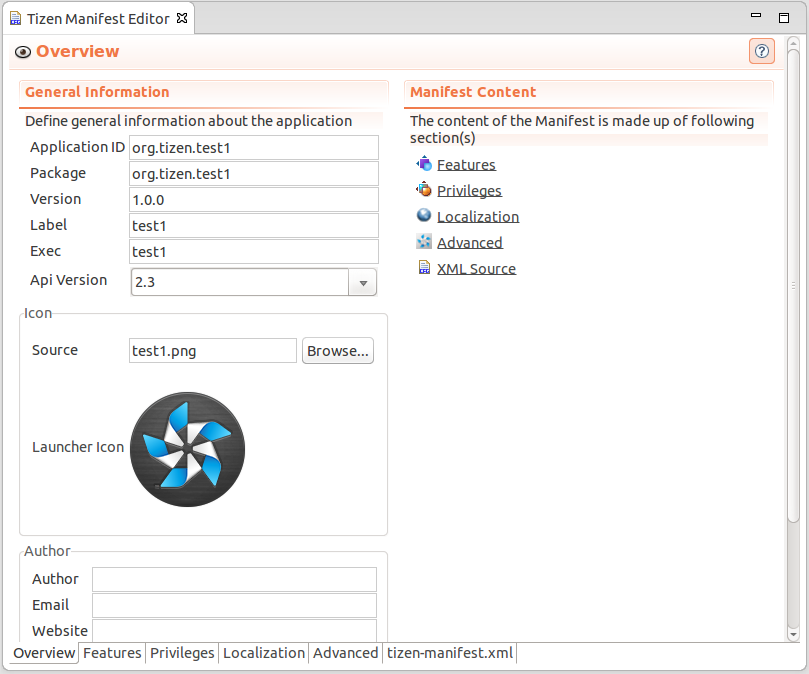 Editing the manifest element in the manifest editor