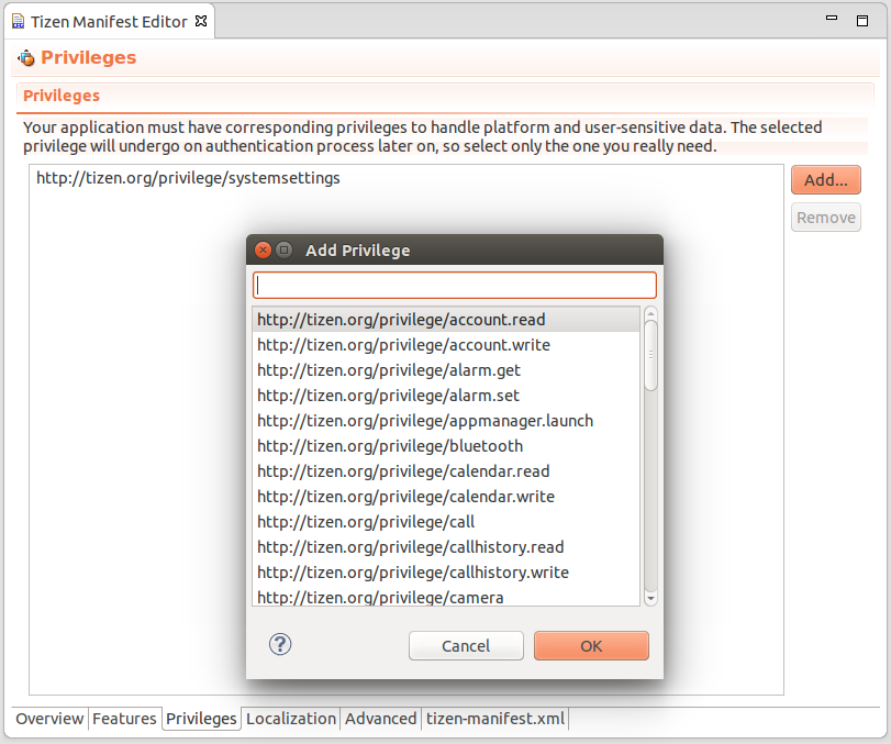 Editing the privileges element in the manifest editor