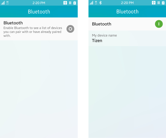 Bluetooth activation settings application (off screen on the left and on screen on the right)