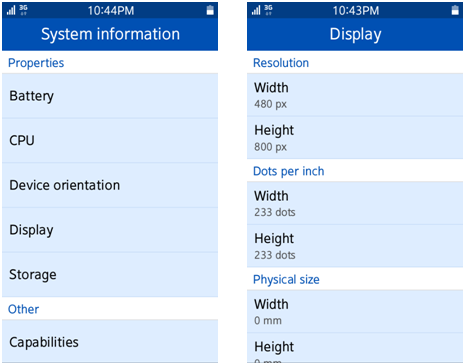 Systeminfo screens