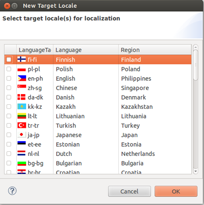 New Target Locale dialog