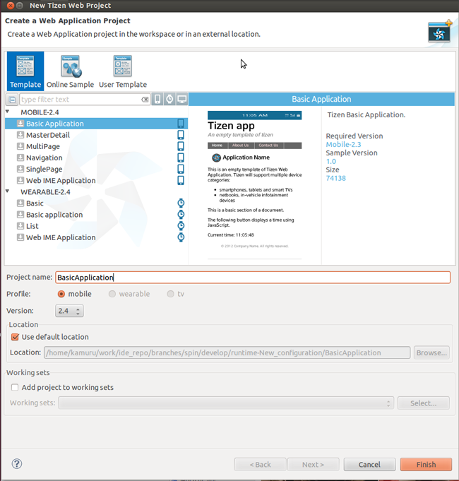 Creating a Tizen mobile Web project