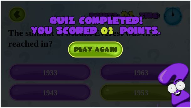 Quiz completed screen