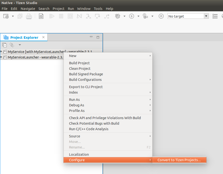 Screenshot showing the menu choice for converting Tizen projects.