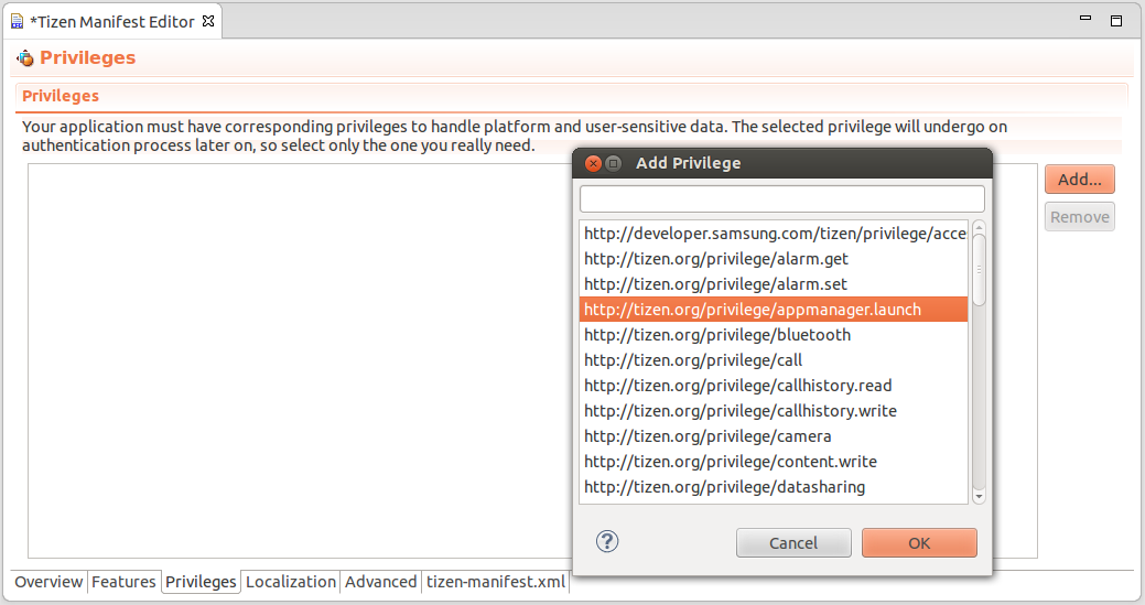 Browsing through available privileges using Tizen Manifest Editor
