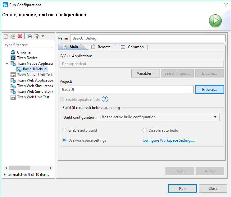 Run Configurations window