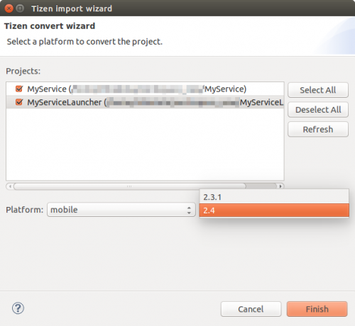 Screenshot of a dialog window for Tizen project conversion.